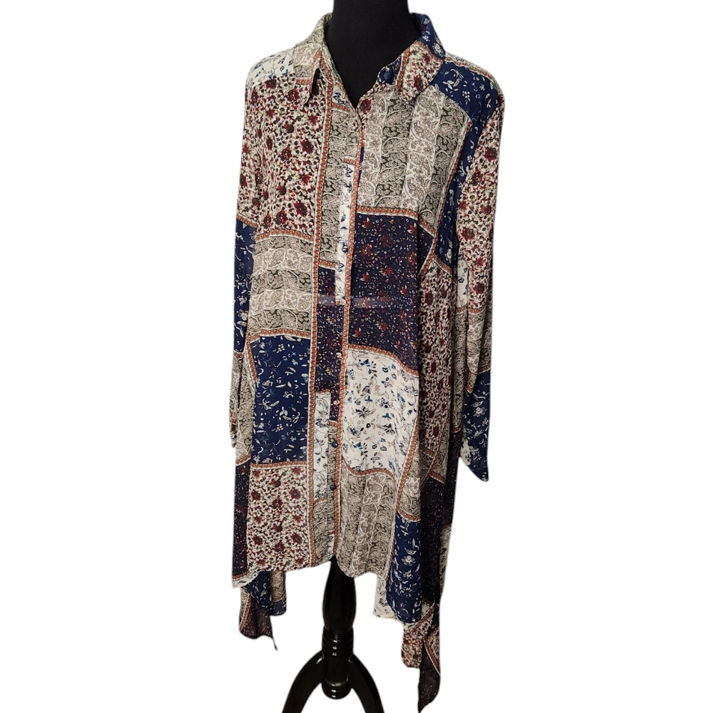 Umgee Boho Long Sleeve Tunic Top Button Down Size Small